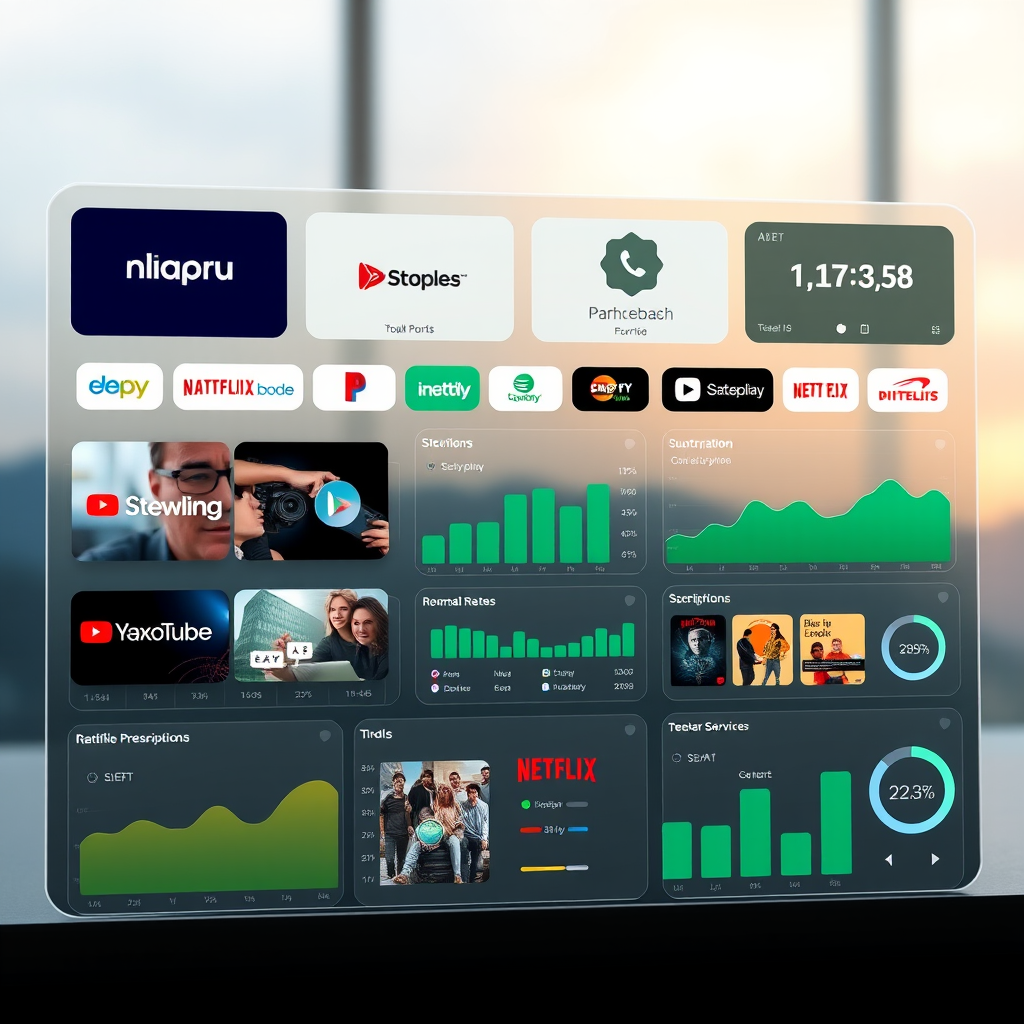 Modern digital dashboard showing various subscription services including streaming platforms, mobile services, and entertainment apps with Irish consumer usage statistics displayed on a futuristic interface
