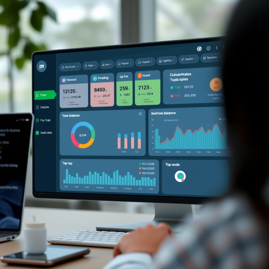 Modern digital dashboard showing unified balance management interface with multiple service providers, real-time balance tracking, and automated top-up features across telecommunications and digital services
