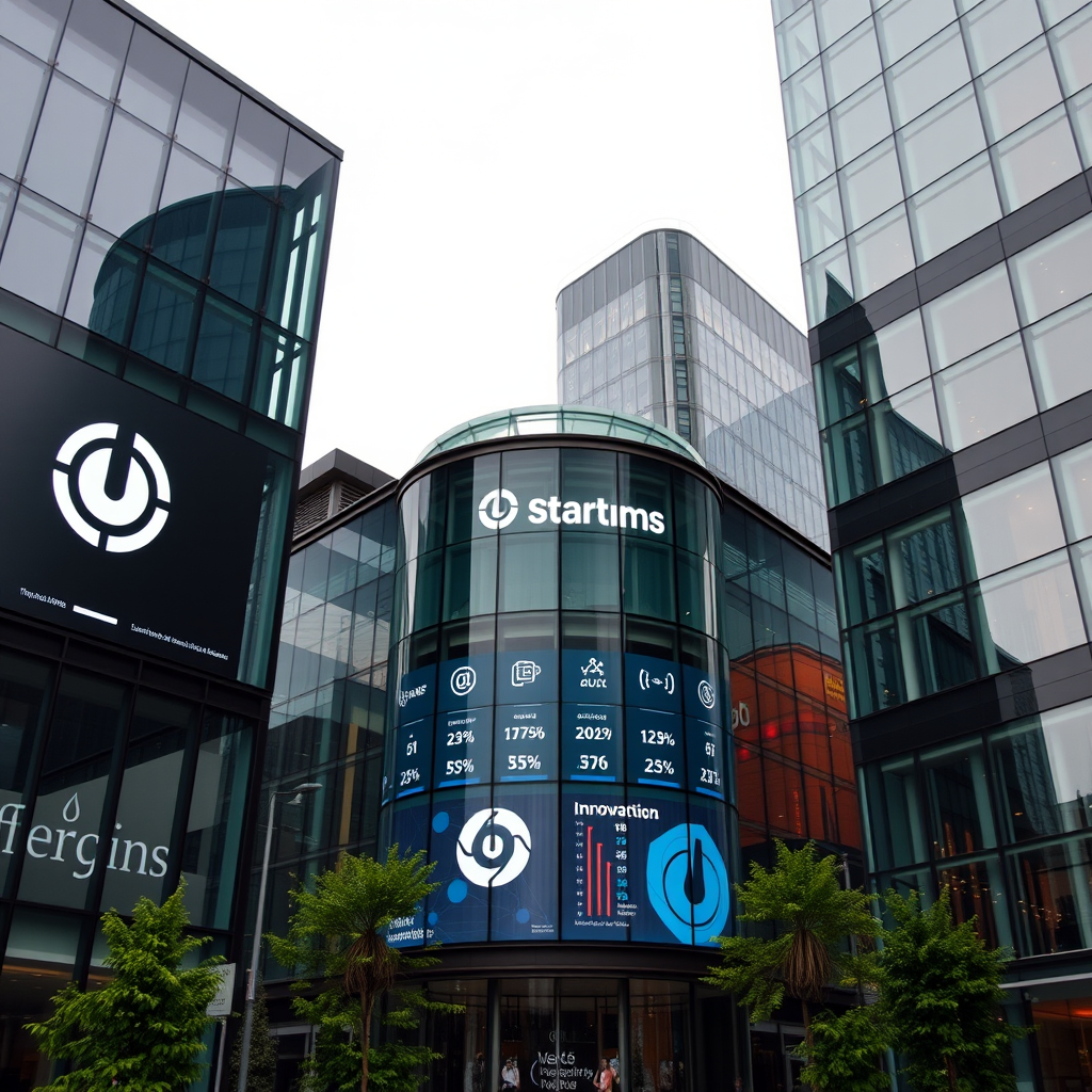 Modern Dublin tech hub with glass buildings and digital displays showing startup logos and innovation metrics
