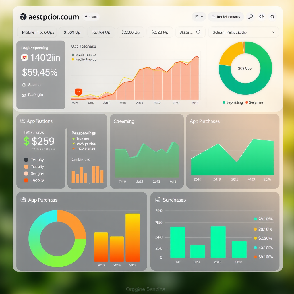 Modern digital analytics dashboard showing consumer spending patterns on various digital services including mobile top-ups, streaming subscriptions, and app purchases with colorful charts and graphs
