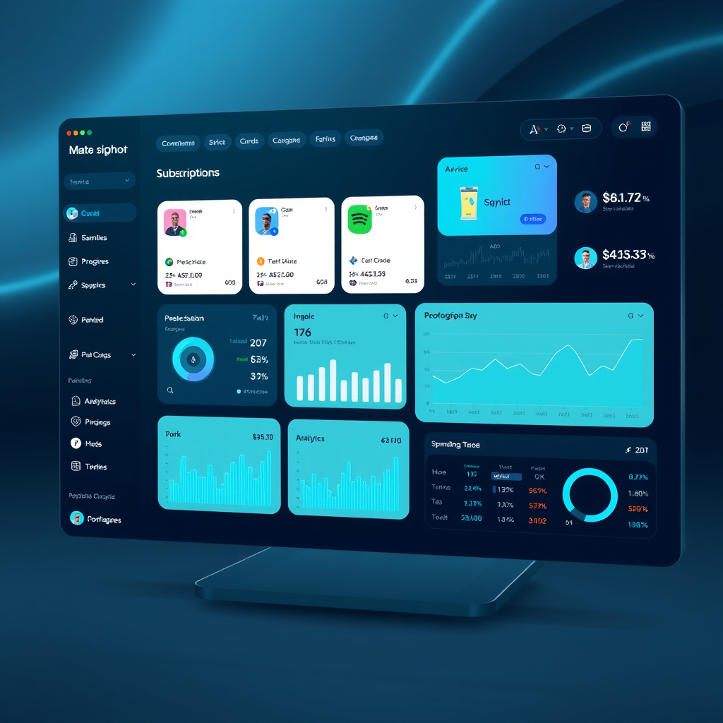 Modern digital dashboard interface showing subscription management with multiple service cards, analytics charts, and spending tracking widgets in a futuristic cyan and dark theme