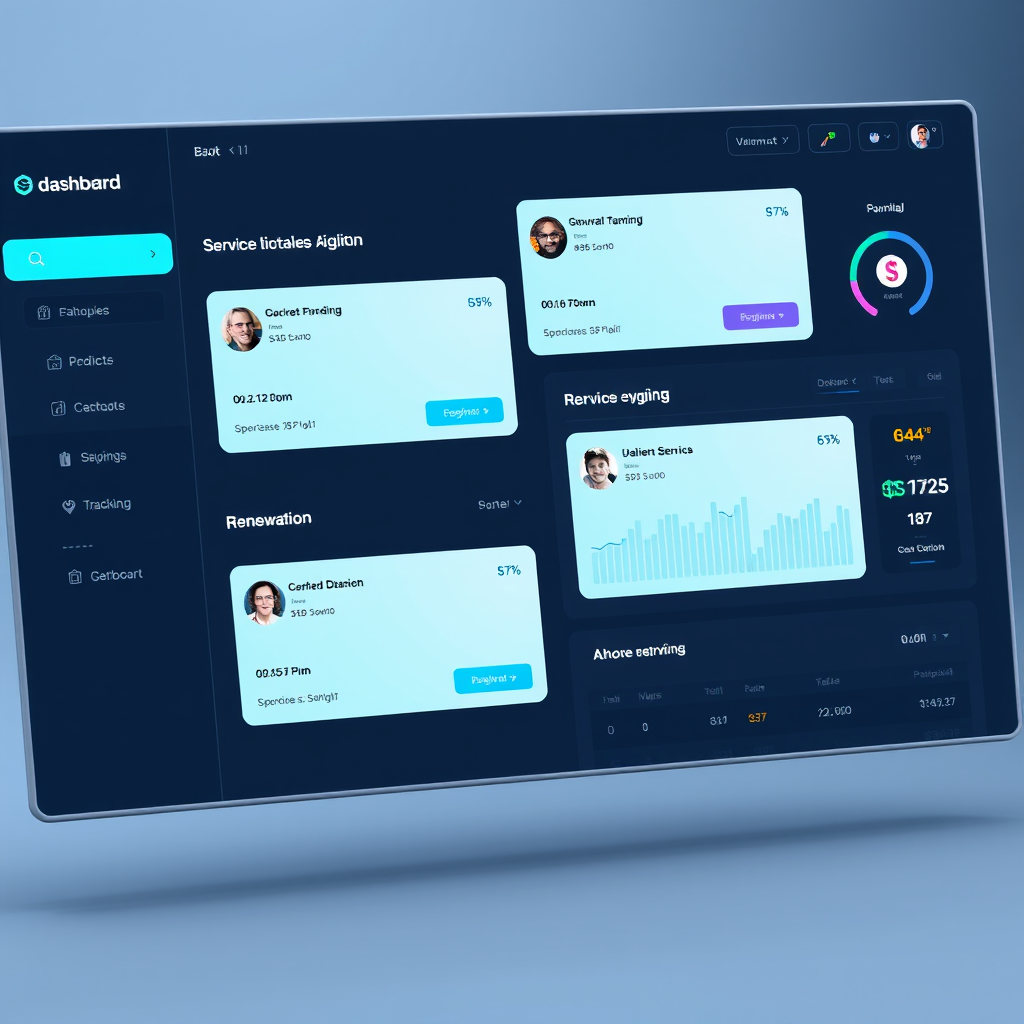 Modern subscription management dashboard showing multiple service cards with spending analytics, renewal dates, and payment tracking in a futuristic interface with cyan and magenta accents