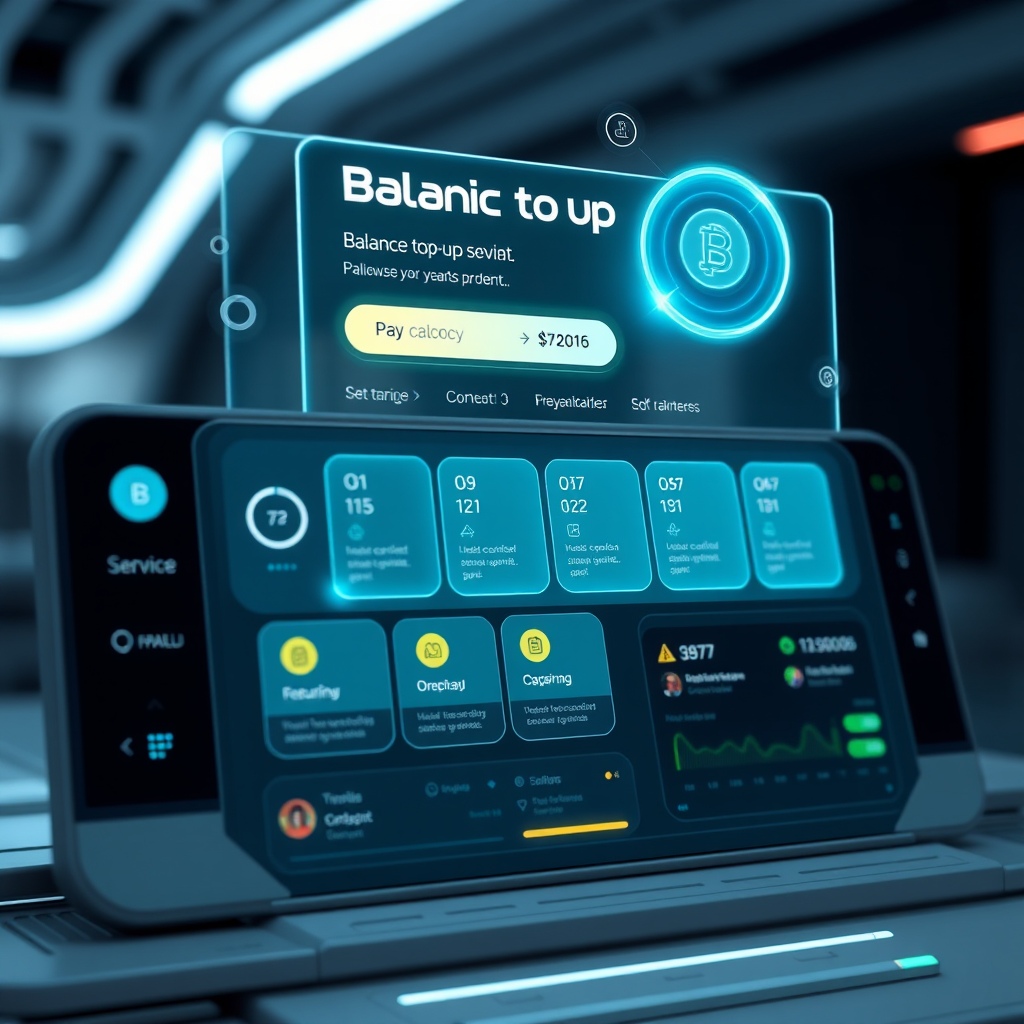 Modern digital interface showing balance top-up services with holographic elements and multiple payment options displayed on a futuristic dashboard