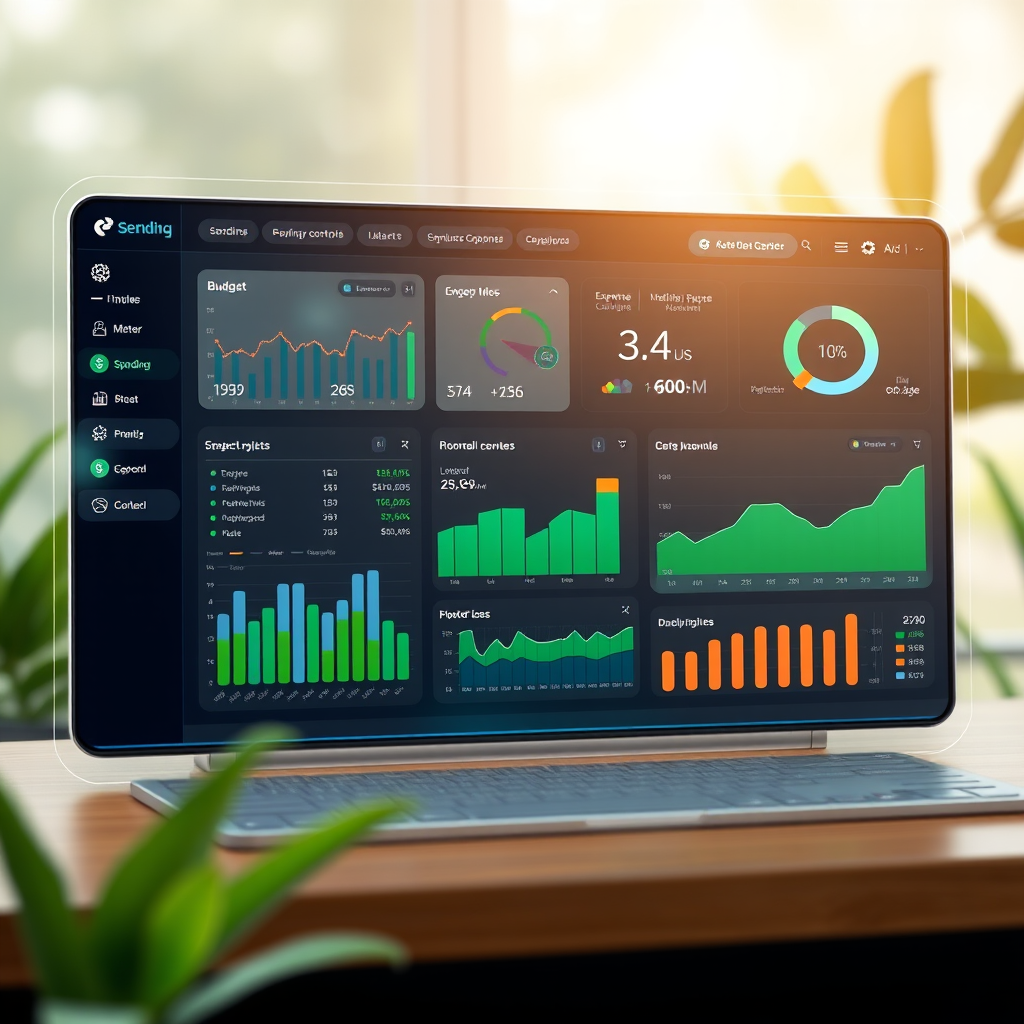 Modern digital spending control dashboard showing budget tracking, expense categorization, and financial analytics with holographic interface elements