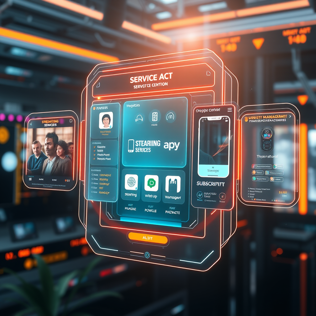 Futuristic digital service activation interface showing holographic panels with streaming services, mobile apps, and subscription management tools floating in a cyber environment