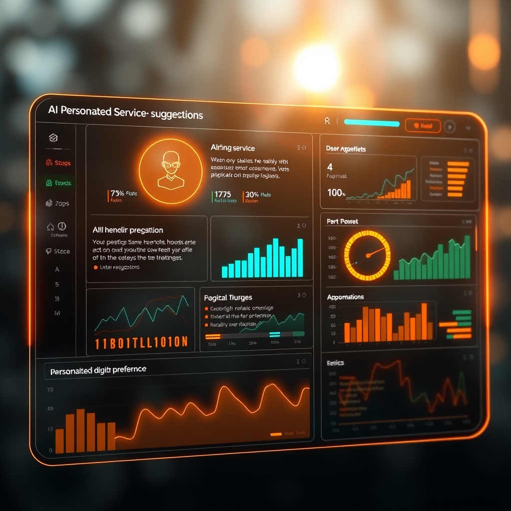 Futuristic AI recommendation interface showing personalized digital service suggestions with glowing data visualization charts and user preference analytics