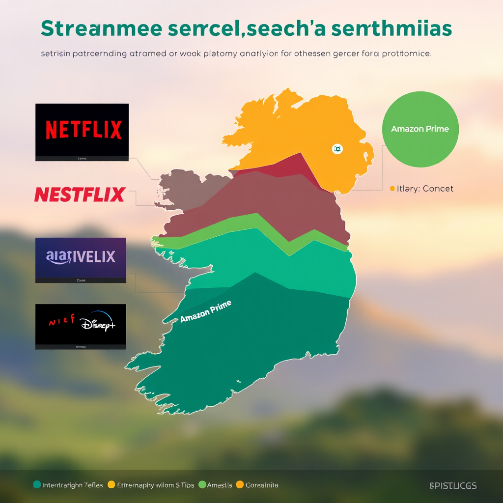 Colorful analytics chart showing streaming service usage patterns in Ireland with Netflix, Disney+, Amazon Prime, and local Irish content platforms represented in a modern data visualization