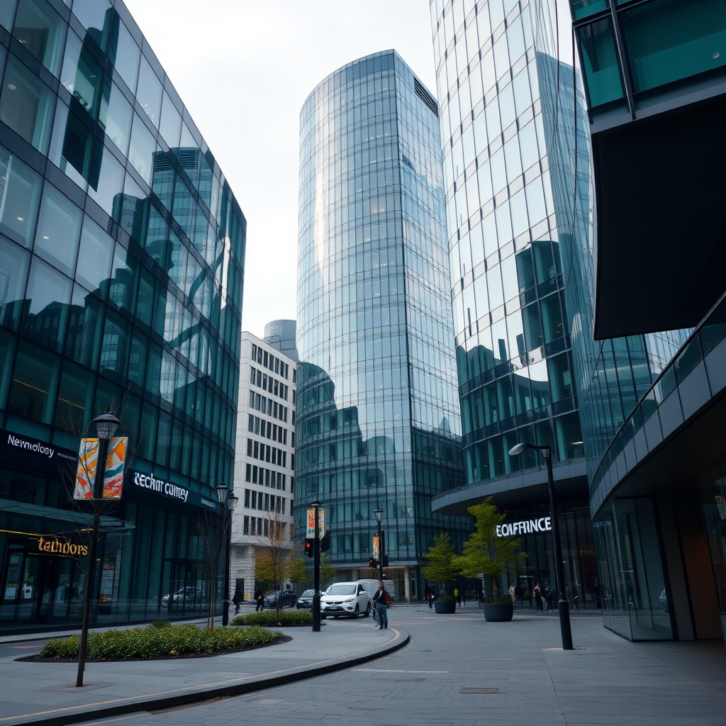 Modern Dublin technology district with glass office buildings housing digital service companies and fintech startups, representing Ireland's growing tech sector affected by EU regulations