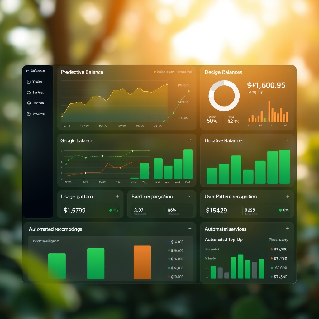 Artificial intelligence dashboard showing predictive balance analytics, usage pattern recognition, and automated top-up recommendations for mobile services and digital subscriptions