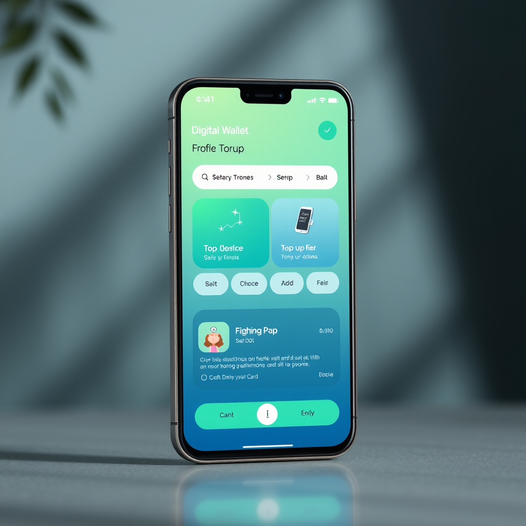 Sleek mobile app interface showing digital wallet and top-up services with modern UI design