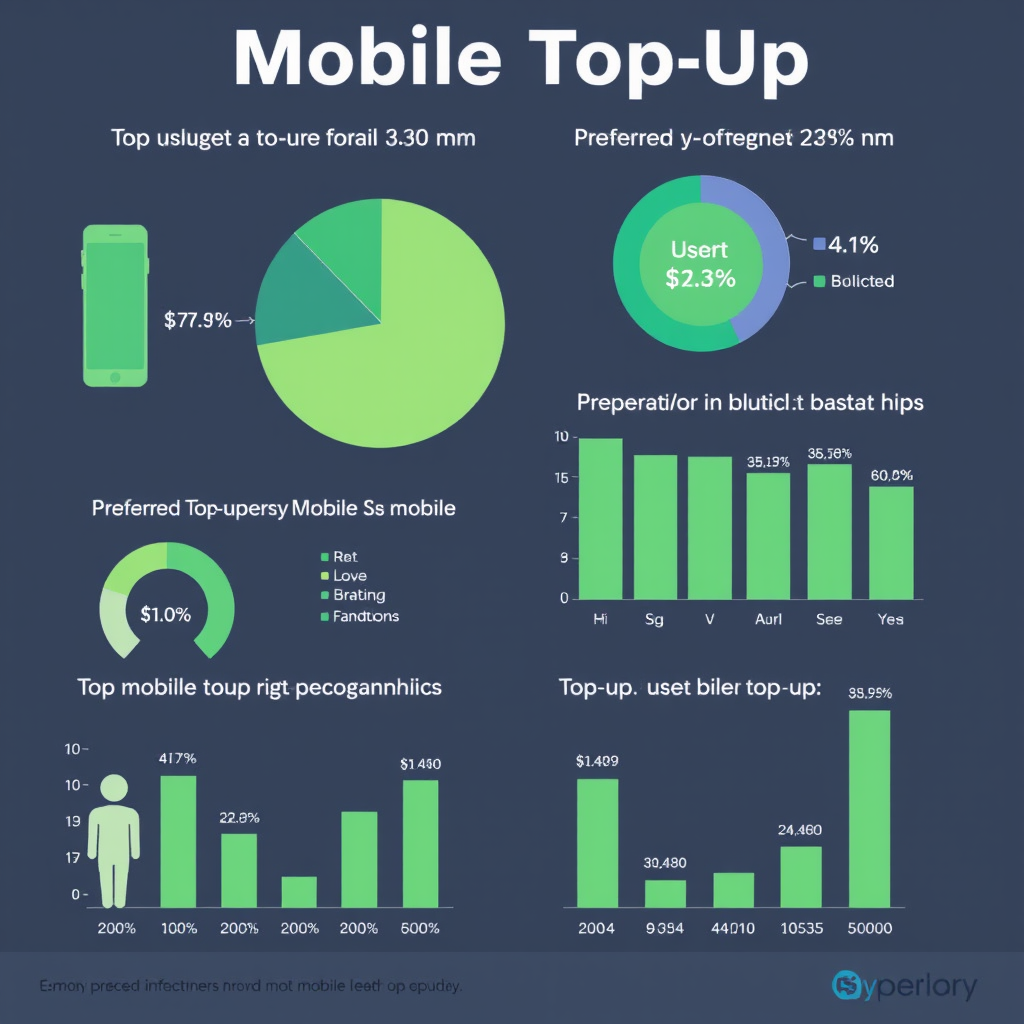 Infographic showing mobile top-up usage statistics with pie charts and bar graphs displaying eir mobile top-up frequency, preferred amounts, and user demographics