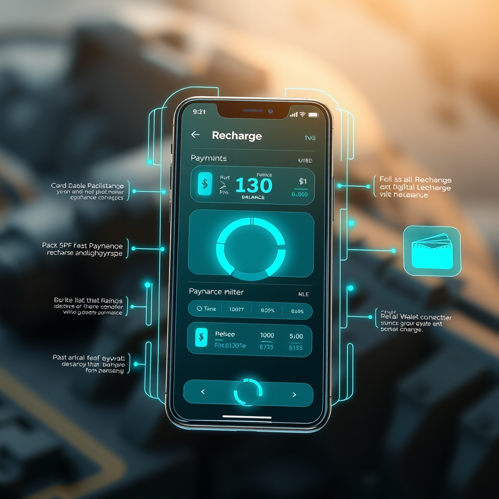 Futuristic mobile recharge interface displaying various payment methods, balance meters, and digital wallet connections with holographic elements and cyan accents