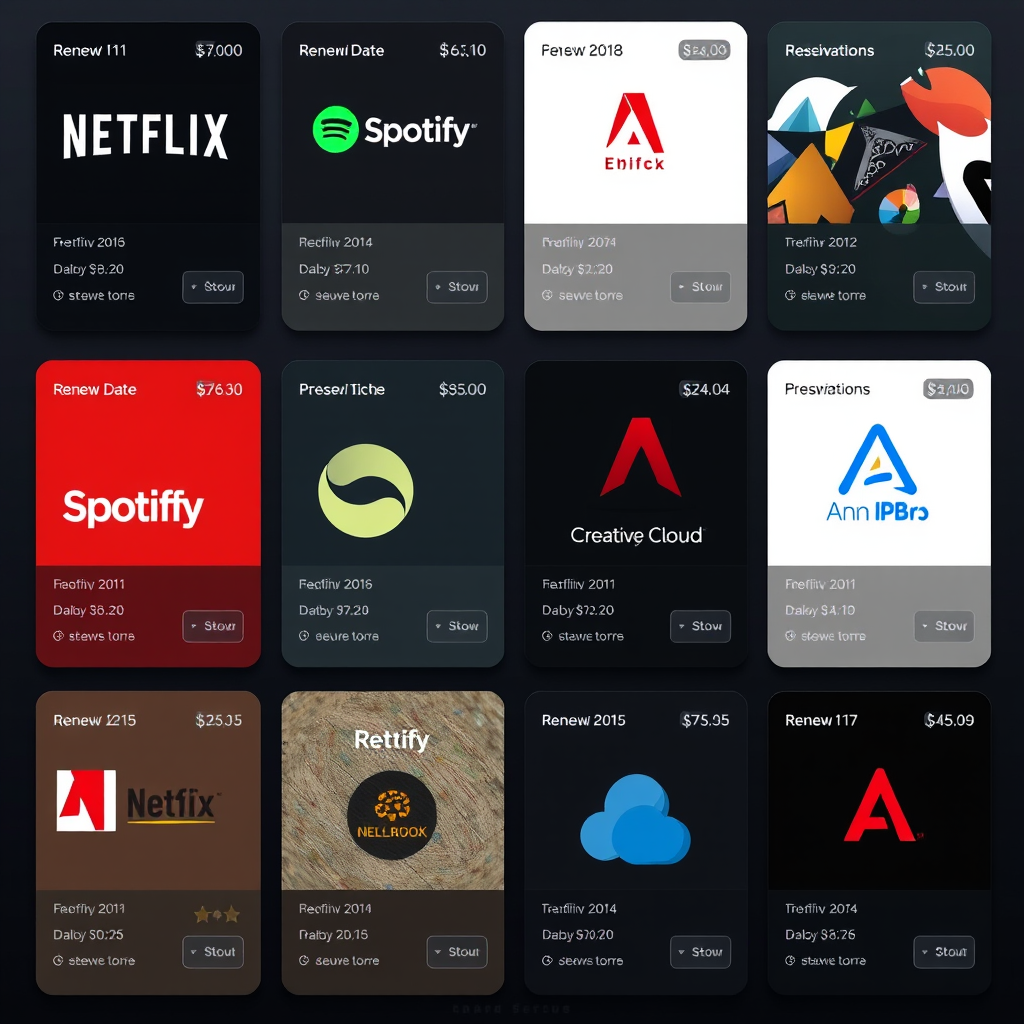 Grid view of subscription service cards showing Netflix, Spotify, Adobe Creative Cloud, and other digital services with renewal dates, monthly costs, and status indicators in a modern dark interface