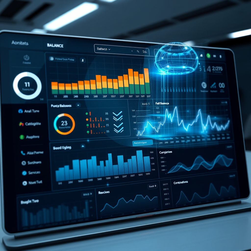 Futuristic dashboard interface displaying real-time balance monitoring across multiple services with holographic data visualization and predictive analytics charts