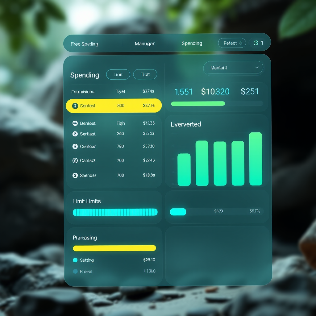 Interactive budget management interface showing spending categories, limit settings, and progress bars with futuristic design elements