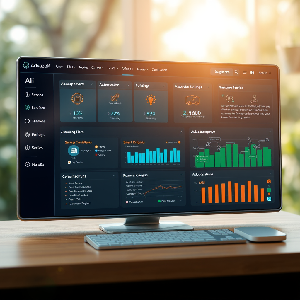 Advanced AI automation dashboard displaying intelligent service configuration, automated setup workflows, and smart recommendation engine with holographic data streams