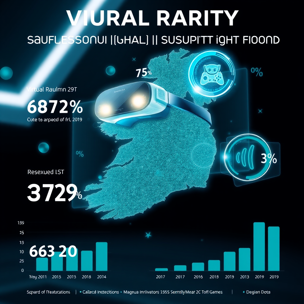 Futuristic infographic showing virtual reality and gaming subscription statistics in Ireland with holographic data visualization elements and growth charts