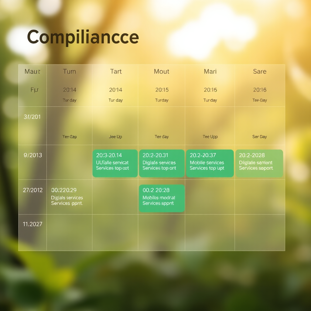 Digital calendar interface showing compliance timeline with key dates highlighted for EU Digital Services Act implementation affecting mobile top up and subscription services