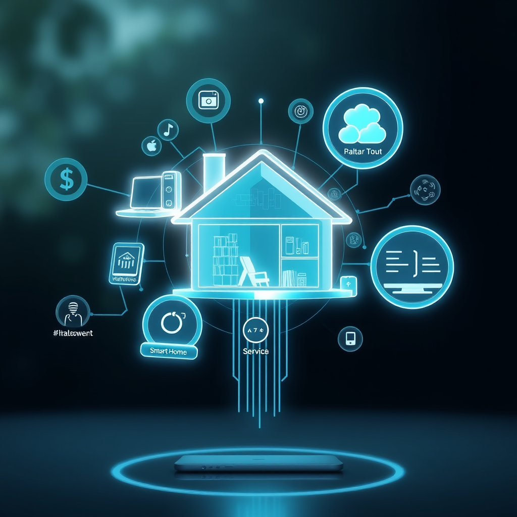 Futuristic visualization of interconnected digital services ecosystem showing IoT devices, smart home integration, and unified balance management across multiple platforms and service providers