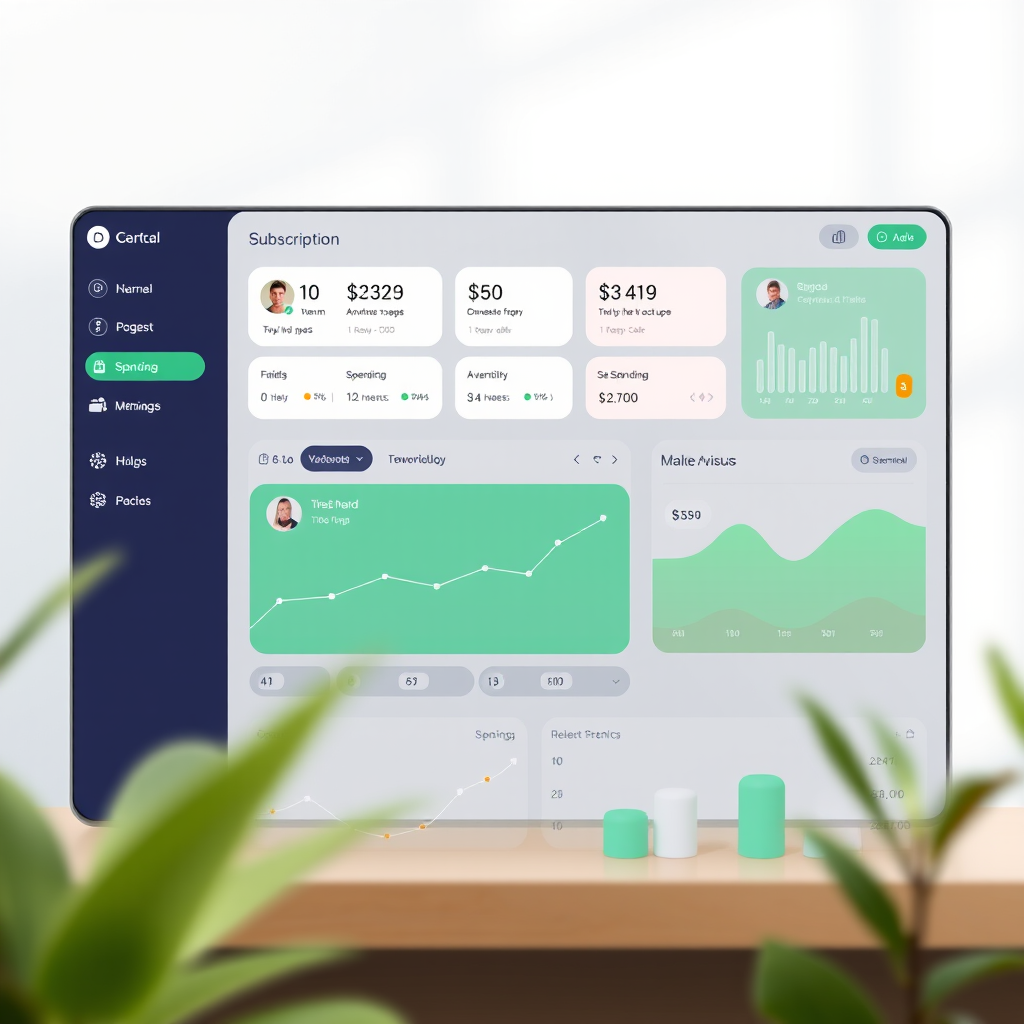 Modern digital platform dashboard showing subscription management, mobile top-up options, and spending analytics in a clean interface