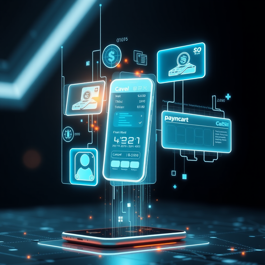 Futuristic visualization of digital payment trends showing holographic interfaces, mobile payment systems, and integrated subscription management platforms with glowing data streams