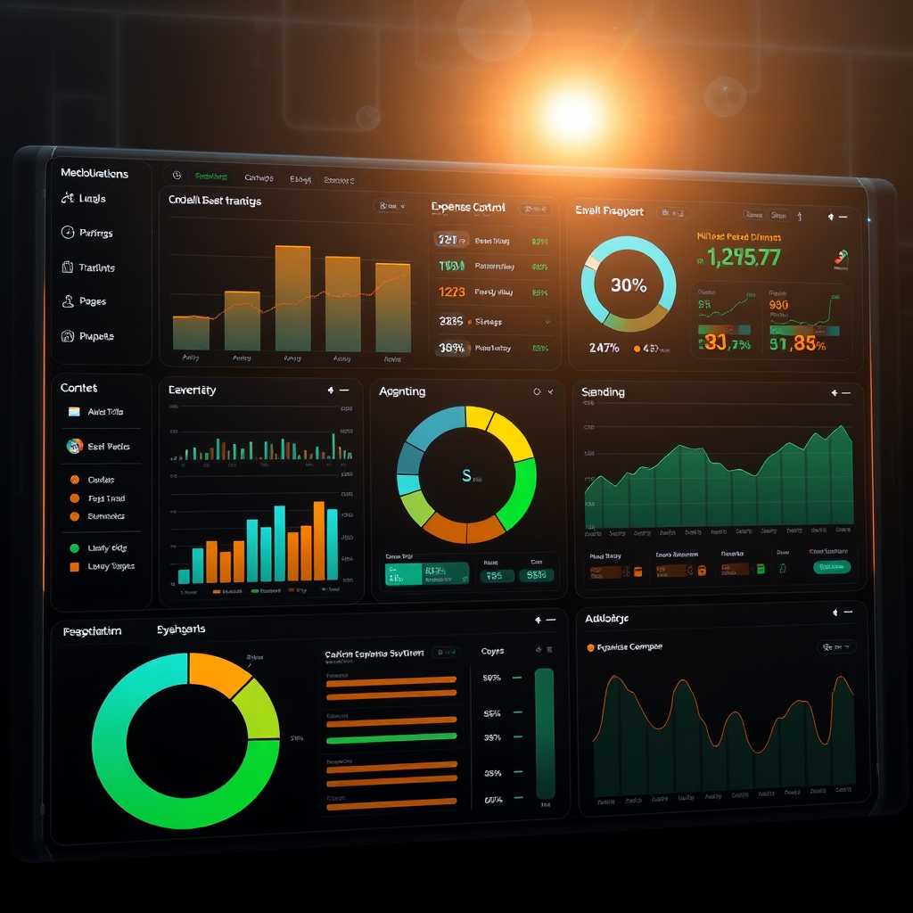 Advanced financial control dashboard with budget tracking charts, expense categorization pie charts, spending alerts notifications, and holographic data visualization in a dark futuristic interface