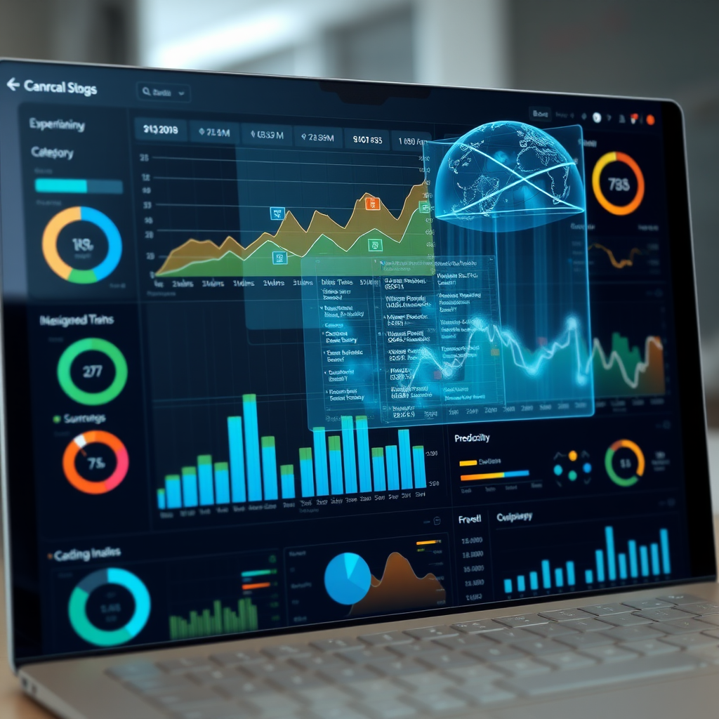 Comprehensive financial analytics dashboard displaying spending trends, category breakdowns, and predictive insights with holographic data visualization