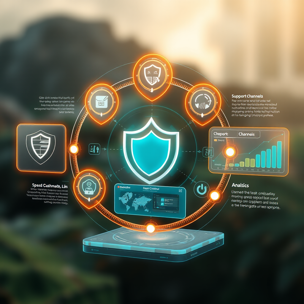 Comprehensive platform benefits visualization showing security shields, speed indicators, support channels, and analytics dashboards in a futuristic holographic interface