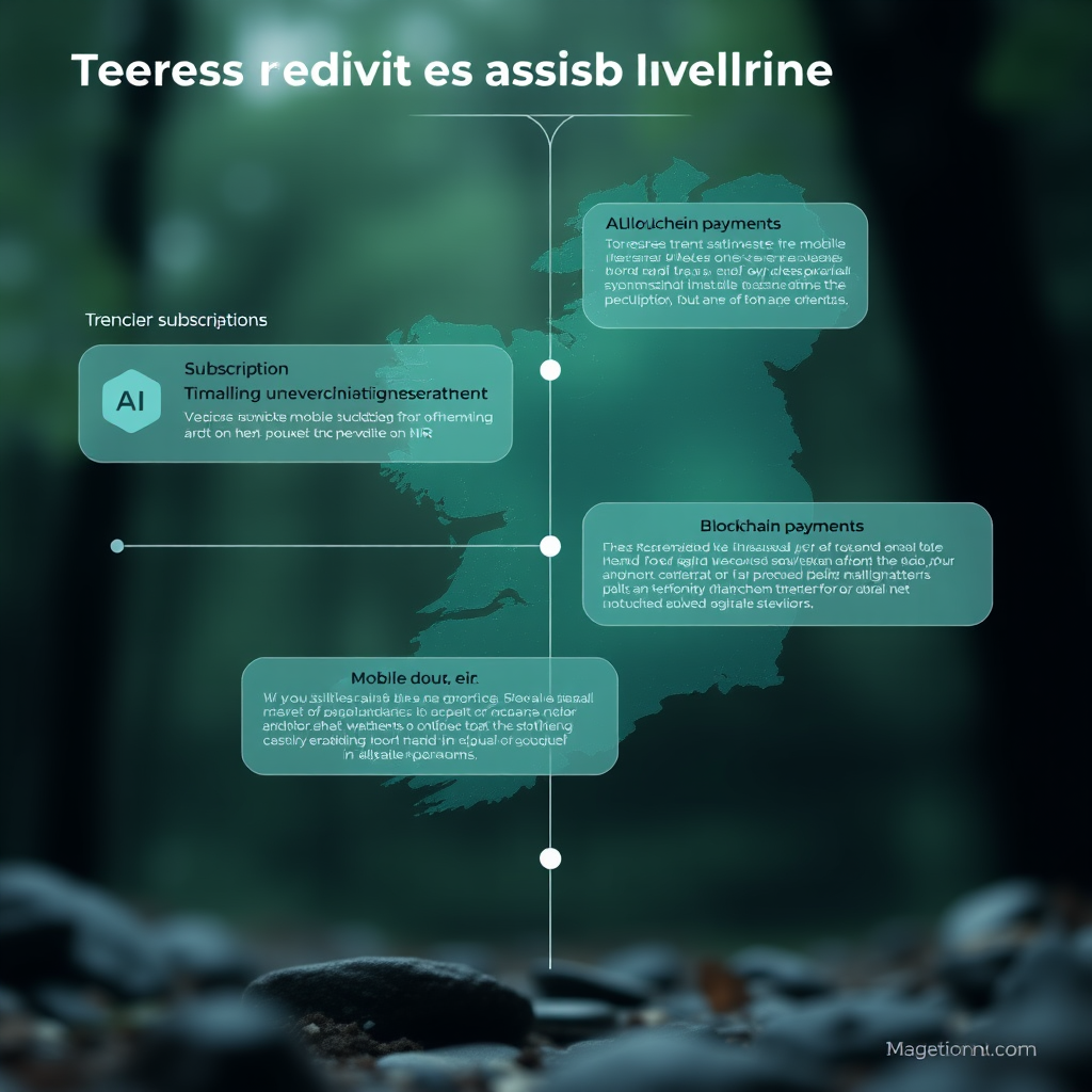 Futuristic timeline visualization showing predicted digital subscription trends in Ireland including AI recommendations, blockchain payments, and integrated mobile services with eir connectivity solutions