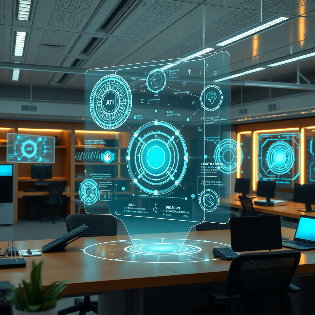Futuristic AI innovation laboratory with holographic displays showing machine learning algorithms and digital platform prototypes
