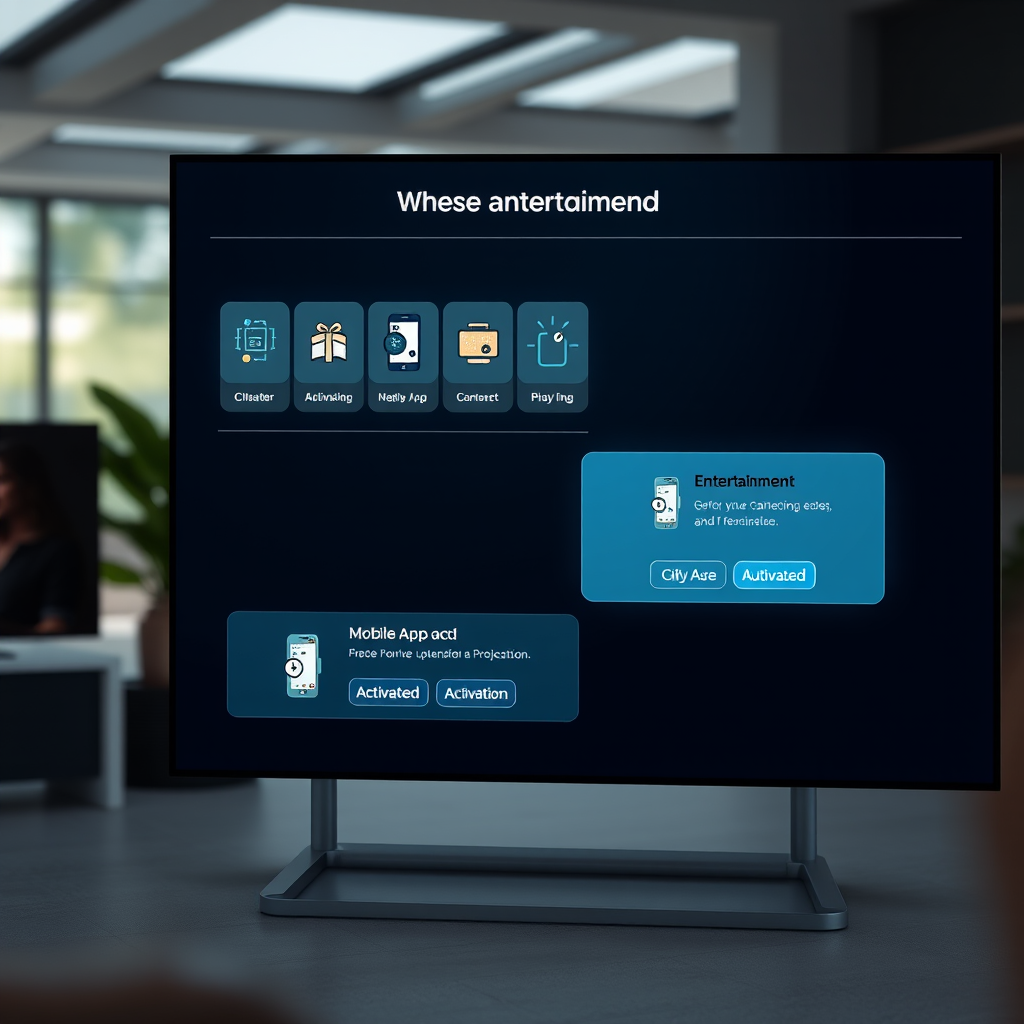 Streamlined service activation interface showing entertainment subscription icons, mobile app installation progress, and automated setup wizards with glowing activation buttons in a modern digital environment