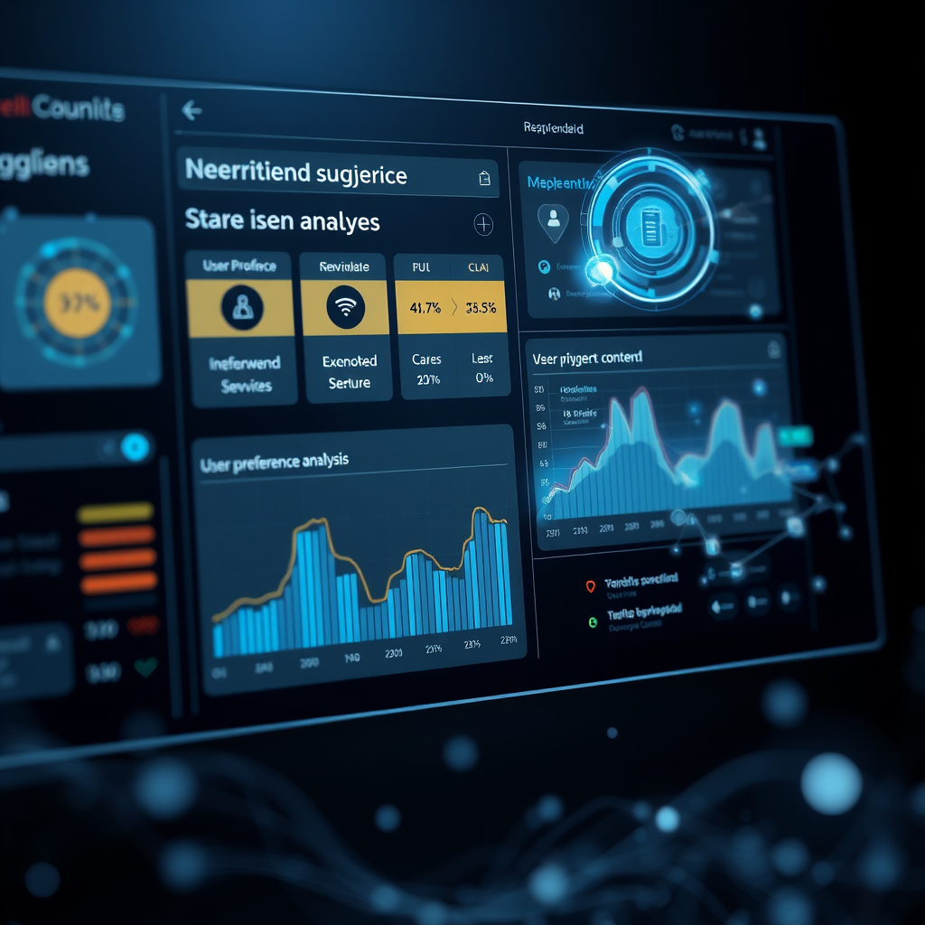 Intelligent recommendation engine interface displaying personalized service suggestions, user preference analysis charts, and AI-powered content recommendations with flowing data streams and holographic elements