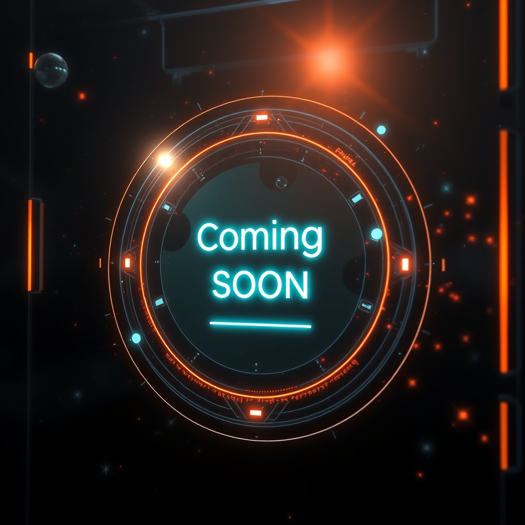 Futuristic coming soon interface with holographic elements, digital particles, and glowing text indicating upcoming service features in a dark space-themed environment